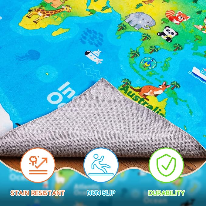 Kids Playroom Rug, 4x4ft Round World Map Play Mat - Image 8