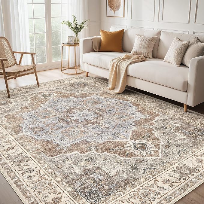 5x7 Washable Area Rug: Vintage Neutral Soft Non Slip Thin Large Floor Carpet by MICGEEK