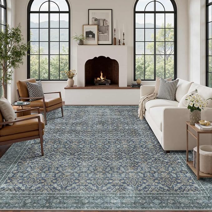 Latte&Fog 8x10 Area Rugs for Living Room, Large Vintage Blue Washable Rug - Image 3