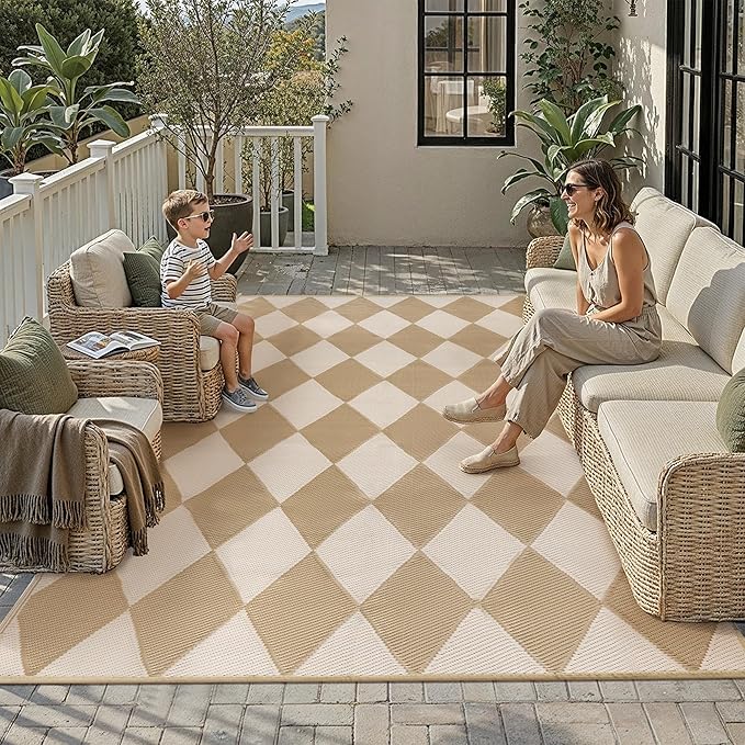 Outdoor Plastic Checkered Rug Waterproof Patio 9x12 Beige Brown Diamond by WondRg