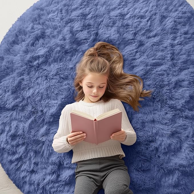 OLANLY Denim Blue Round Rugs for Bedroom by OLANLY