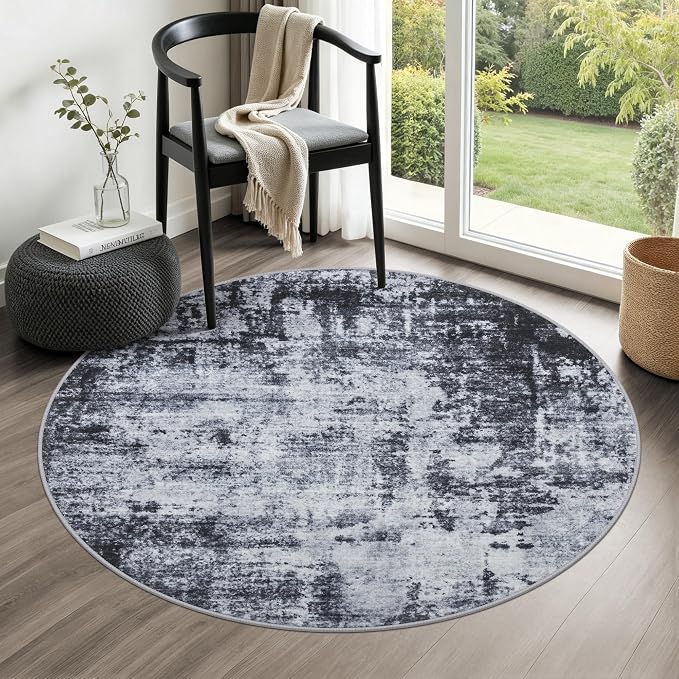 Round Area Rug for Living Room: 5 ft Washable Modern Abstract Soft Thin Rug by FXRHLP