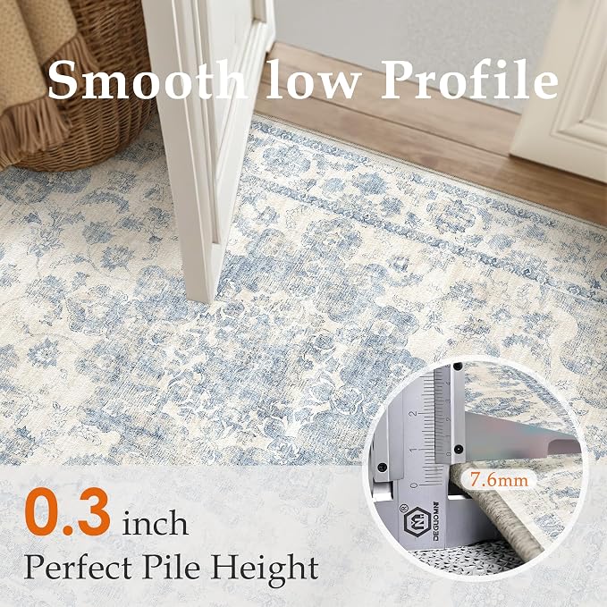 3x5 Washable Neutral Area Rug Blue Vintage Entryway Office Carpet Non-Slip Soft - Image 8
