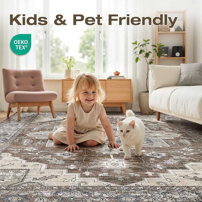 7x9 Area Rugs Living Room: Washable Vintage Rug Large Non-Slip Stain Resistant - Image 3