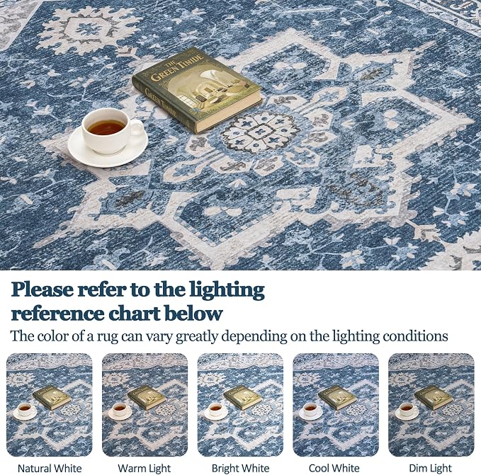 5x7 Area Rugs for Living Room:Blue Washable Vintage Medallion Boho Rug Non-Slip - Image 9