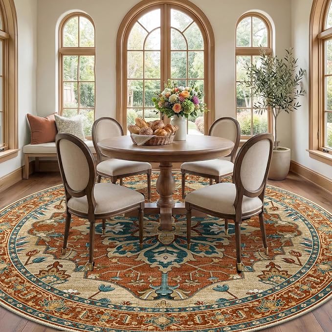 RELEANY Area Rugs Round 8ft Washable Non-Slip, Floral Vintage Distress - Image 3
