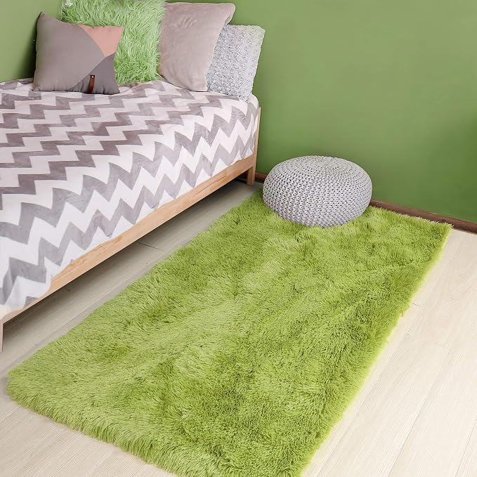 Grass Green Runner Rugs for Bedroom Decor Aesthetic, Fluffy Shag Area Rug 3x5 - Image 3