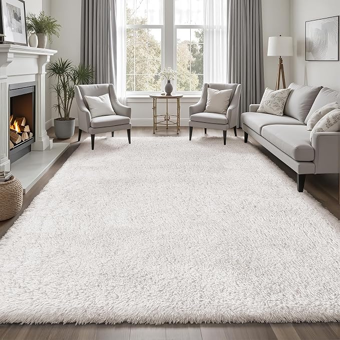 Area Rug for Living Room Bedroom: 9x12 White Soft Fluffy Shag Upgrade Non-Slip - Image 3