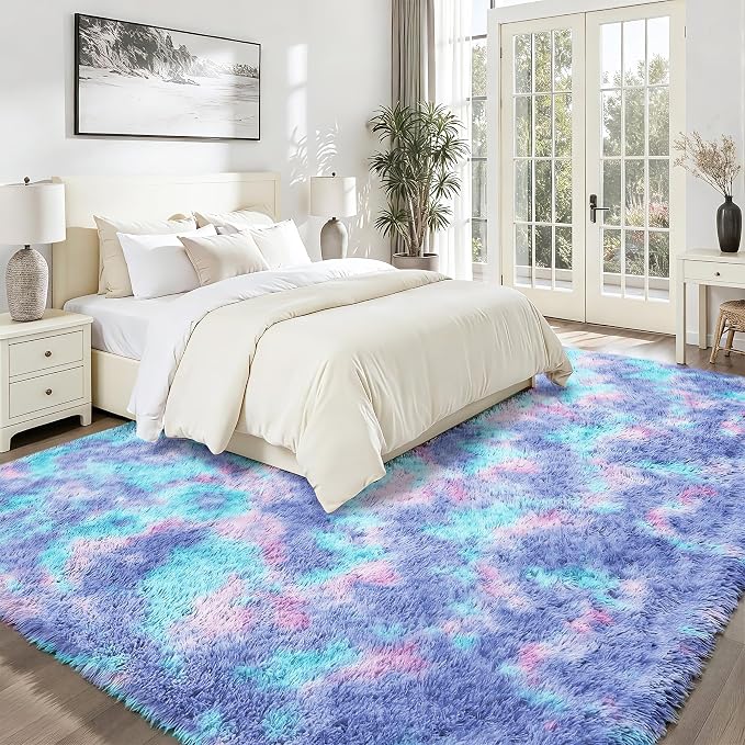 Rainbow 8x10 Fluffy Rugs for Girls Bedroom: Large Shag High Pile Area Rug - Image 2