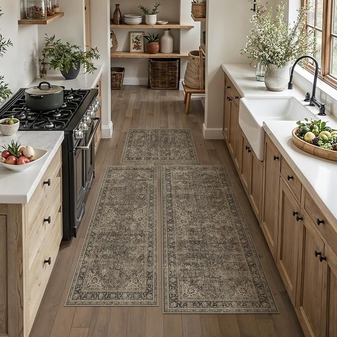 Kitchen Rug Set of 3 Washable Brown Vintage Kitchen Mats by WondRg