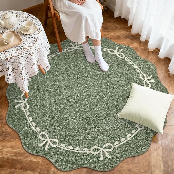 GarveeHome Scalloped Bow Rug for Living Room, 4ft Round Rugs Washable Solid - Image 3
