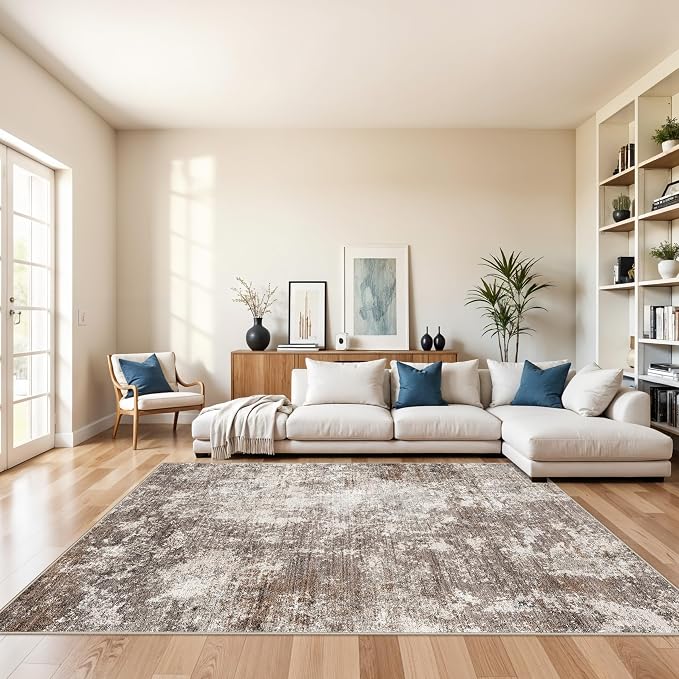 Area Rugs for Living Room: 6x9 Washable Neutral Abstract Rug for Bedroom Large by BYYVOORugsforYourHome