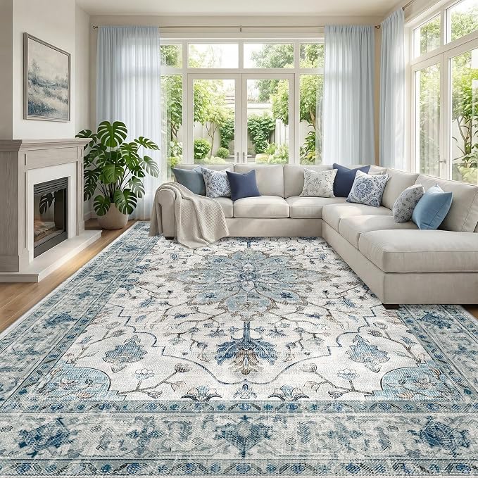 RELEANY Area Rugs Large 9'x12' Washable Non-Slip, Floral Vintage Distress by RELEANY