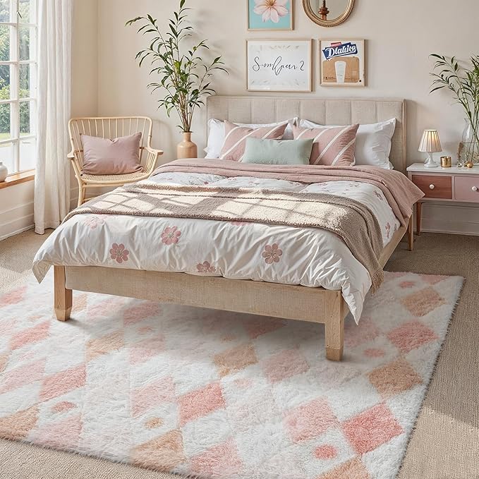PureCozy Checkered Rug 5x7 Fluffy Shag Living Room Pink Area Rug Modern - Image 3