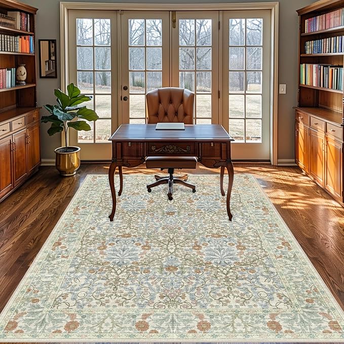 Vintage Beige Blue Living Room Rug, 5x7 Washable Area Rugs - Image 3