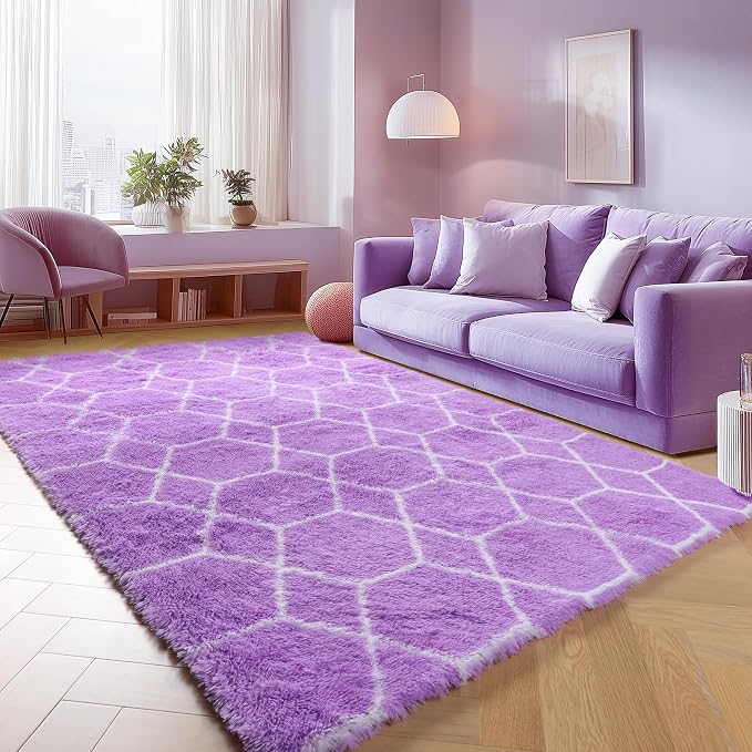 ONASAR Area Rugs for Bedroom Living Room, 4x6 Fluffy Purple and White Throw Rug - Image 7