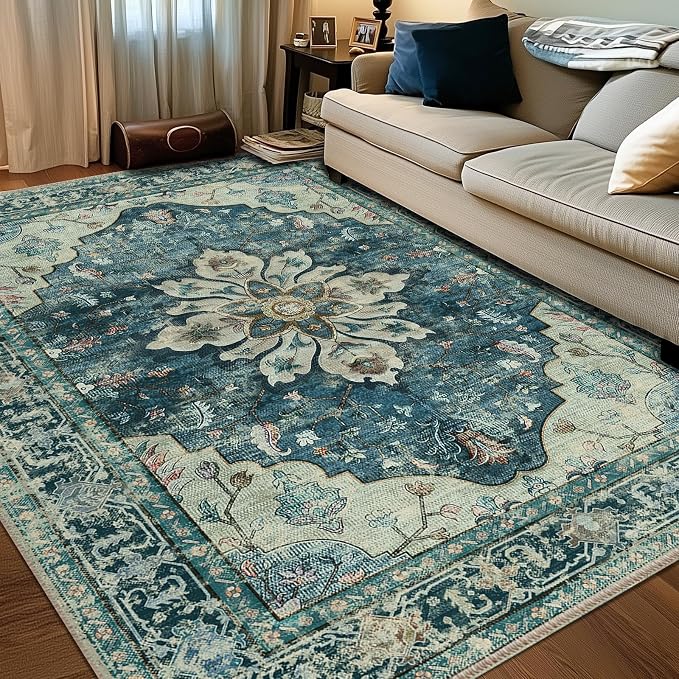 RELEANY Area Rugs 6'x8' Washable Non-Slip, Floral Vintage Distress Medallion by RELEANY