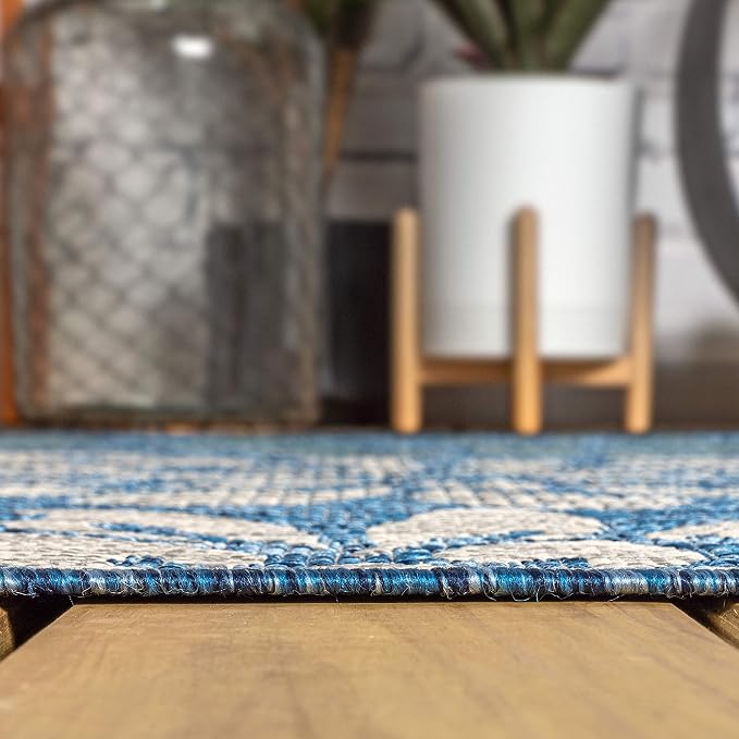 JONATHAN Y Floral Textured Weave Indoor Outdoor Square Area Rug 4X4 Navy/Aqua - Image 7