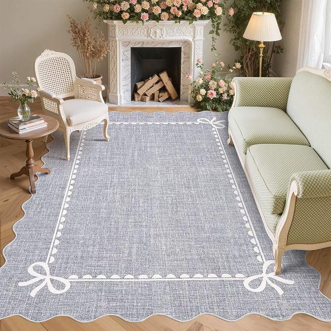 GarveeHome Scalloped Bow Rug for Living Room, Solid Grey Rug for Dorm, Washable by GarveeHome