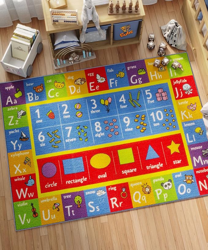 KC Cubs 5x7 ABC Alphabet, Numbers & Shapes Rug – Educational Non-Slip Play Mat by KCCubsKidsHomeandFurnishing