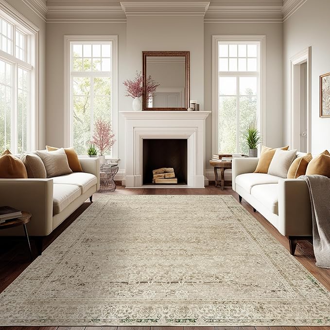 Cream and Light Tan Area Rugs Washable Rug by BILEEHOME