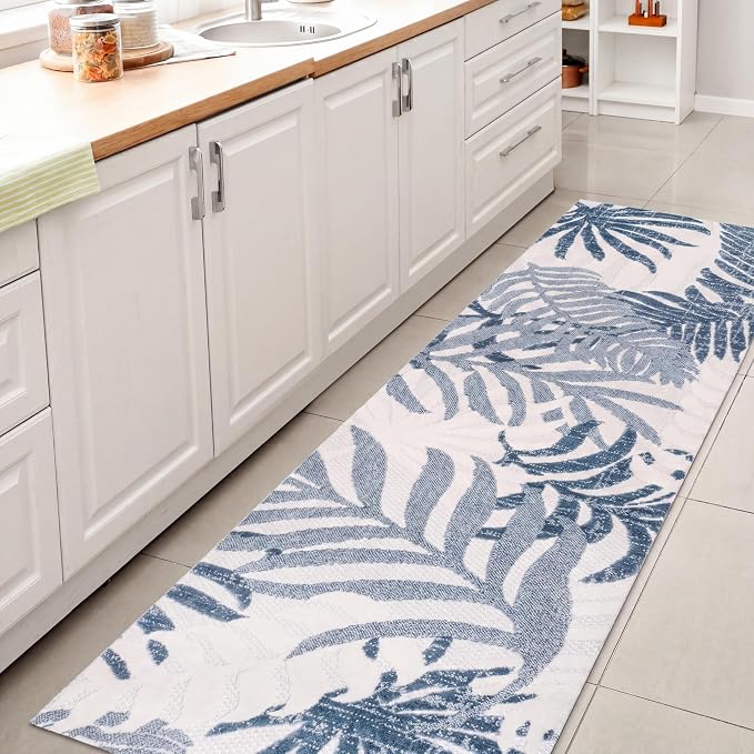 JONATHAN Y Tropics Palm Leaves Indoor Outdoor Runner Rug 2X8 Cream/Dark Blue by JONATHANY
