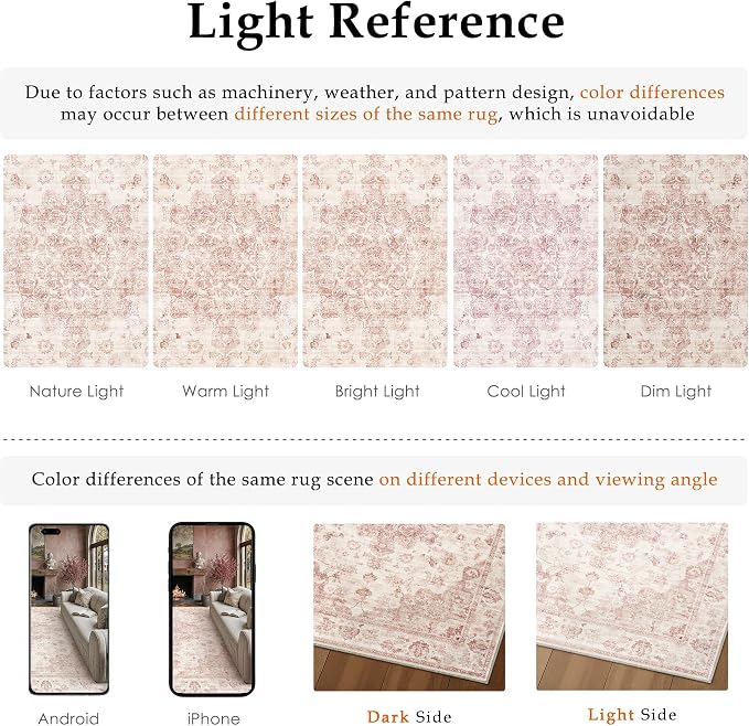 5x7 Washable Neutral Area Rug Pink Vintage Living Room Bedroom Carpet Non-Slip - Image 9
