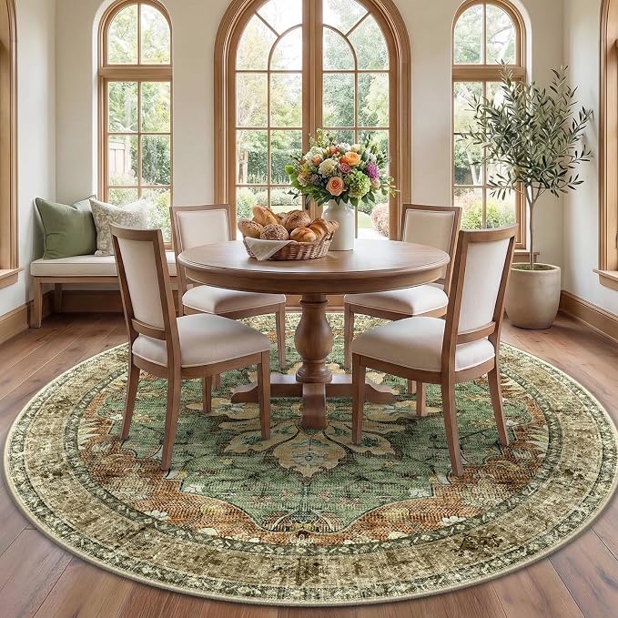 RELEANY Area Rugs Round 7ft Washable Non-Slip, Floral Vintage Distress by RELEANY