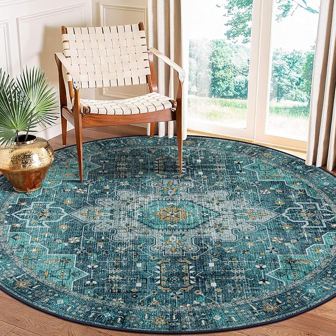 Moynesa Ultra-Thin Washable Round Rug - 6ft Teal Large Living Room Circle Area by Moynesa