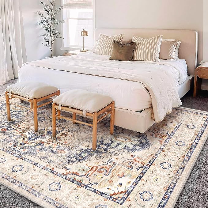 CHAMPLANT Area Rug 6'x9' Blue Khaki Washable Vintage Traditional Floor Cover - Image 2