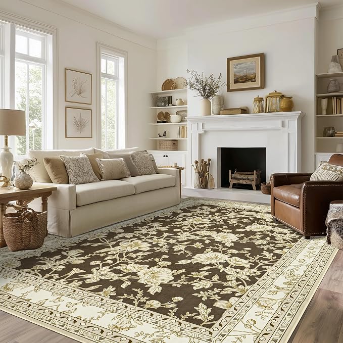Brown Floral Rug 5x7 Machine Washable Area Rug by BILEEHOME