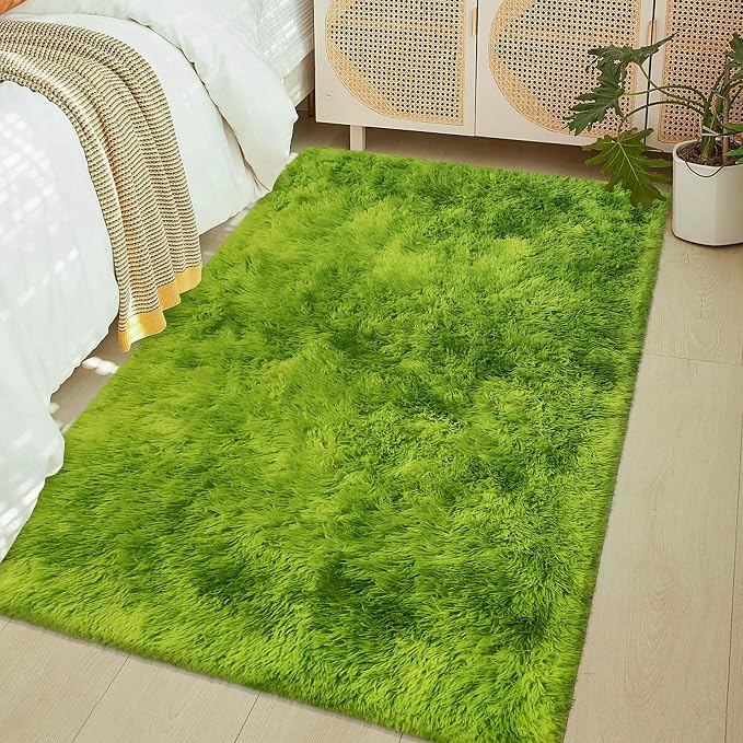 Tie Dyed Grass Green Rug 3x5 ft, Soft Plush Furry Shag Area Rugs Fluffy Fuzzy by TENNOLA