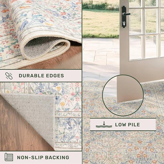 Beige Blue Living Room Rug 5x7, Cottage Area Rug - Image 6