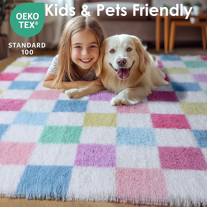 KICMOR Pink Rainbow Checkered Rug - Image 7