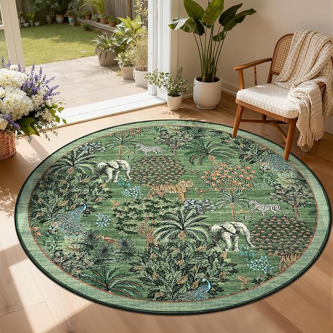 GarveeHome Jungle Round Washable Rugs 6ft Non-Slip Soft Round Rug by GarveeHome