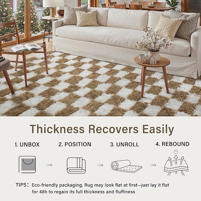 PureCozy 8x10 Area Rugs for Living Room Brown Soft Shag Checkered Large Rug - Image 6