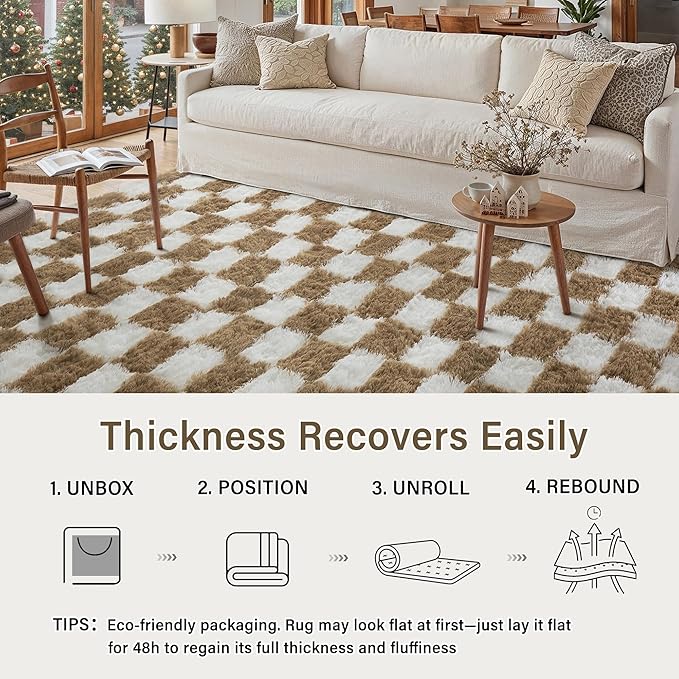PureCozy 5x7 Area Rugs for Living Room Brown Soft Shag Checkered Large Rug - Image 6