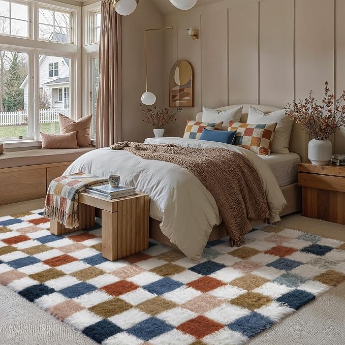 PureCozy Checkered Rug 9x12 for Living Room, Modern Rainbown Shag Rug Washable - Image 5