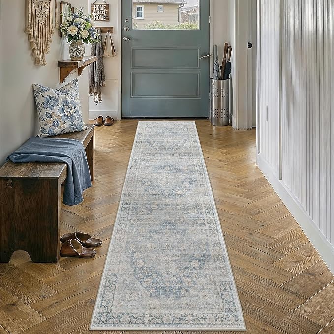 2x8 Washable Neutral Runner Rug Blue Vintage Hallway Kitchen Carpet Non-Slip - Image 3