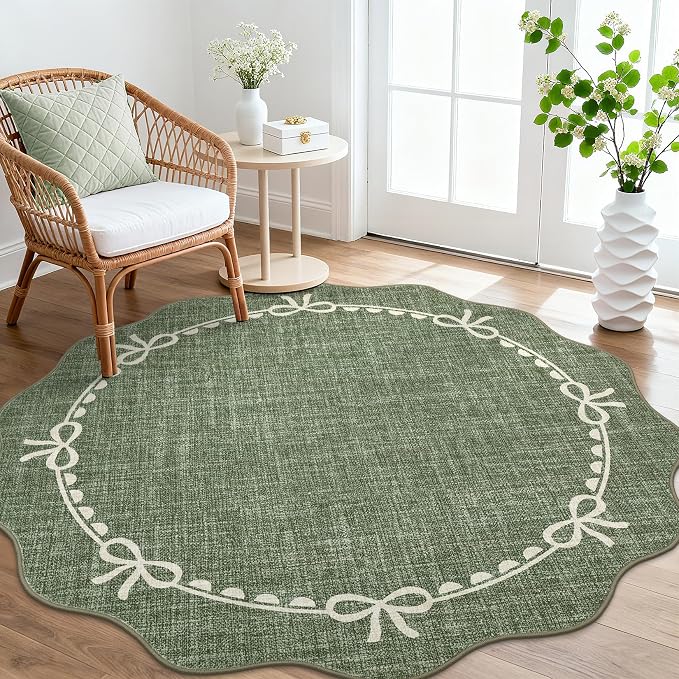 GarveeHome Scalloped Bow Rug for Living Room, 6ft Round Rugs Washable Solid by GarveeHome