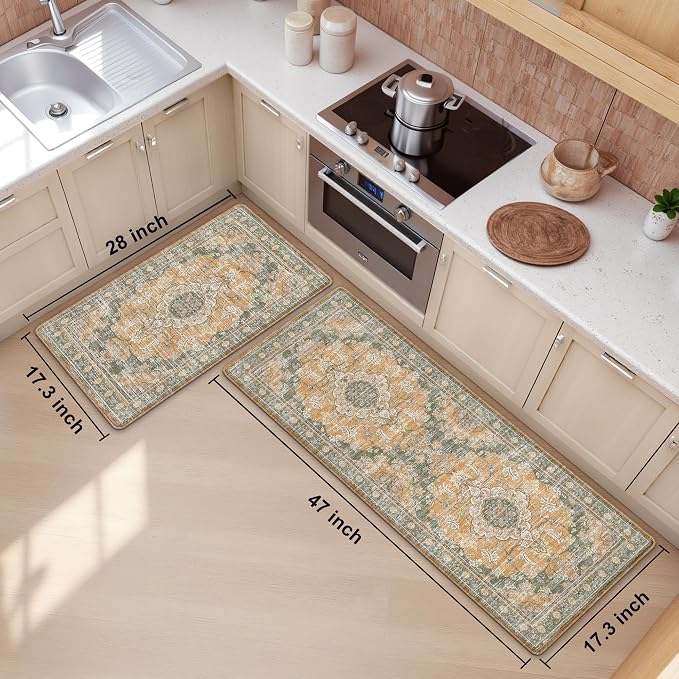 Boho Kitchen Mats for Floor 2 Piece Set Anti Fatigue Cushioned PVC Kitchen Rugs - Image 2