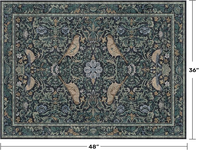 Traditional Washable Entryway Rugs, 3x4 Blue and Green Floral Kitchen Mat - Image 2