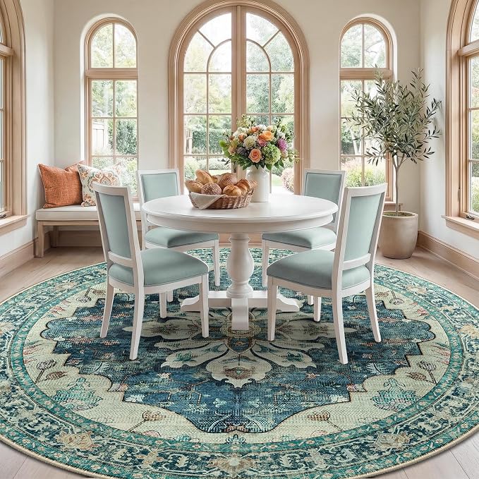 RELEANY Area Rugs Round 8ft Washable Non-Slip, Floral Vintage Distress - Image 2