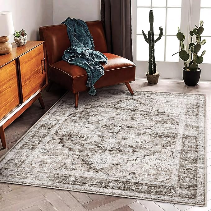 CHAMPLANT Area Rug 6'x9' Deep Khaki Washable Vintage Traditional Floor Cover - Image 2