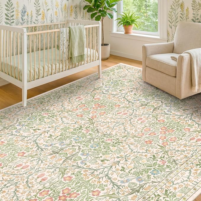 Hazo Haus Beige Green Bedroom Rug 5x7 Area Rug - Image 4