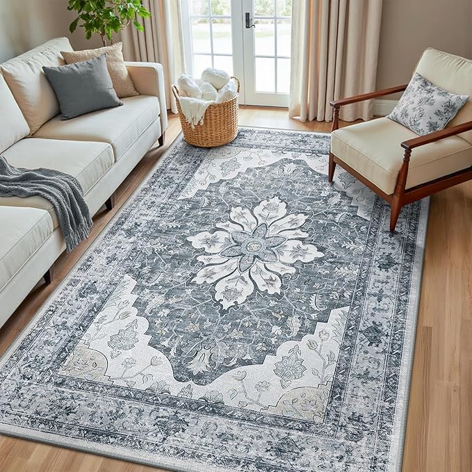 RELEANY Area Rugs 5'x8' Washable Non-Slip, Floral Vintage Distress Medallion by RELEANY