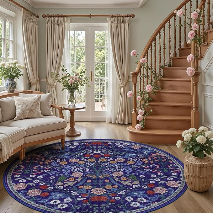 Round Area Rug for Living Room: 8 ft Floral Washable Circle Rug Soft Boho - Image 5