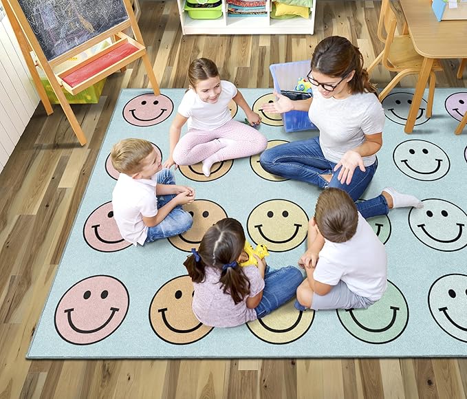 Flagship Carpets Pastel Rainbow Smileys Criss-Cross Applesauce Educational Area - Image 2