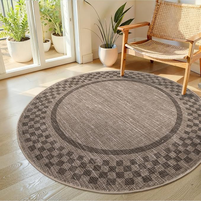 4ft Washable Round Rug for Entryway Modern Checkered Bedroom Circle Rug Non - Image 2