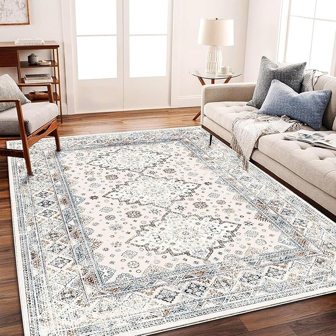 CHAMPLANT Washable Area Rug 9x12 Retro Flowers Boho Design Non-Shedding Easy by CHAMPLANT